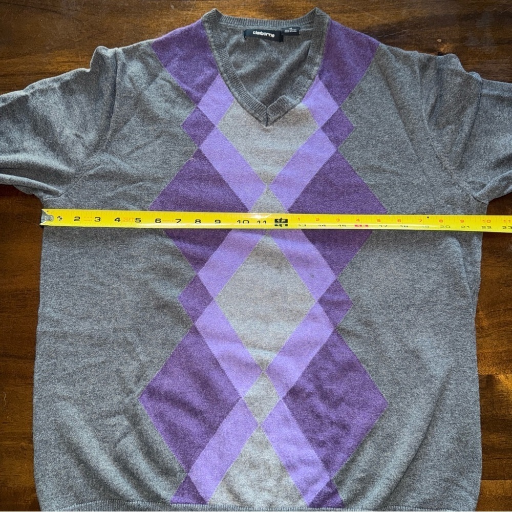 CLAIBORNE Men's Size Medium Gray & Purple Argyle Long Sleeve Pullover Sweater - Picture 9 of 10